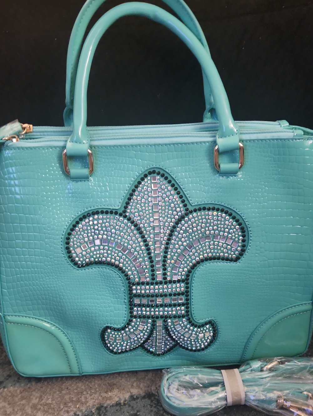 Hand/ Shoulder 3 Compartment Turquoise Embellished Fleur-de-Lis Tote Bag